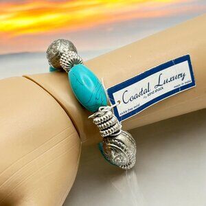 Faux Turquoise Silver Tone Bracelet Stretch Bead Sand Shack Coastal Luxury Beach
